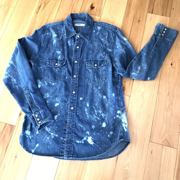 Upcycled Bleach Distressed Denim Shirt, GAP Medium:  Gypsy Soul Snap Closure Top - Picture 10 of 10